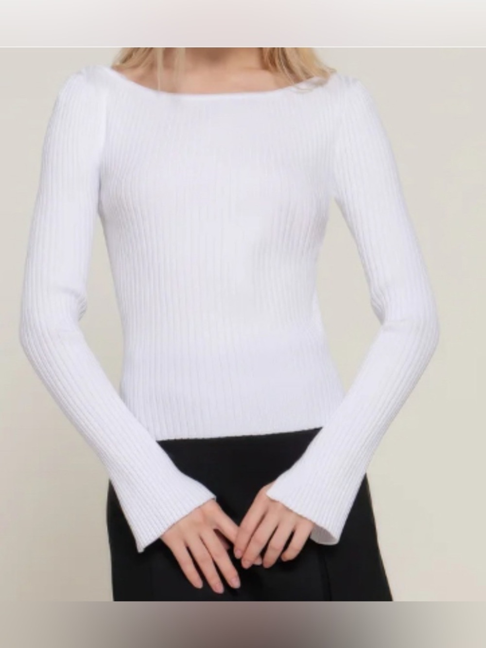 White Long Sleeve Ribbed Boat Neck
Sweater by Active USA: Size USA